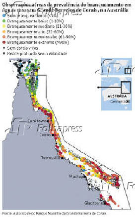 Observaes areas da prevalncia do branqueamento em guas rasas na Grande Barreira de Corais, na Austrlia