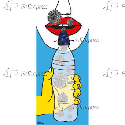 Ilustrao de uma garrafa plstica com uma boia e uma baleia