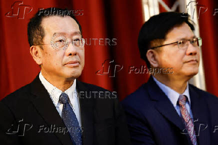 Incoming Defence Minister Wellington Koo and incoming Foreign Minister Lin Chia-lung attend a press conference, in Taipei