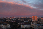 A view of the city at sunrise during an air raid alert in Kyiv