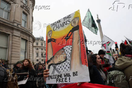 Demonstration in support of Palestinians in Gaza, after Israel and Hamas reached a ceasefire deal, in London