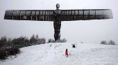 Snowfall at Antony Gormley's Angel of the North, in Gateshead