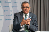 WHO Director-General Tedros Adhanom Ghebreyesus speaks during an event during the IMF Spring meetings in Washington