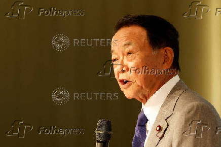 FILE PHOTO: Japan's Former Prime Minister and current Vice-President of the ruling Liberal Democratic Party, Taro Aso, speaks during the Ketagalan Forum in Taipei