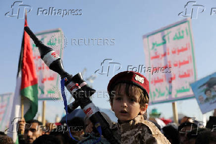 Protesters show support to Lebanon?s Hezbollah and Palestinians in the Gaza Strip, in Sanaa