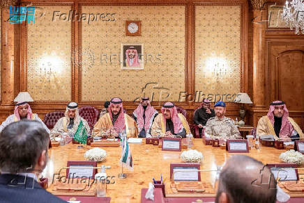 Saudi Arabia's Defense Minister Prince Khalid bin Salman meets Syria's newly appointed Foreign Minister Asaad Hassan al-Shibani, in Riyadh