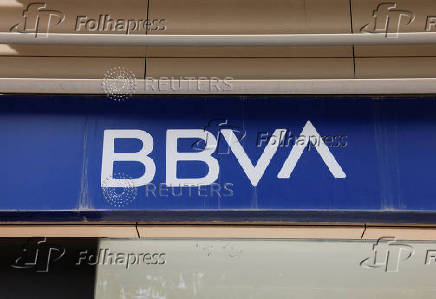 The logo of BBVA is seen on the facade of a BBVA bank branch office in Malaga