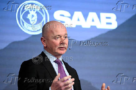FILE PHOTO: Swedish defence and security company Saab CEO Micael Johansson during the presentation of Saab's interim report in Stockholm