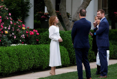 Geri Halliwell, pop icon and member of the Spice Girls, visits the Rose Garden at the White House with U.S. Representative Eric Swalwell (D-CA) in Washington