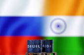 FILE PHOTO: Illustration shows oil pump jack, Russian and Indian flags