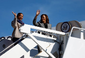 Democratic presidential nominee U.S. Vice President Kamala Harris boards Air Force Two to depart for Michigan