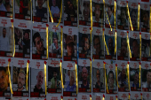 Posters with pictures of hostages kidnapped in the October 7 attack by Hamas, in Tel Aviv