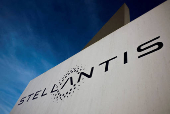 FILE PHOTO: The logo of Stellantis is seen on the company's building in Velizy-Villacoublay near Paris