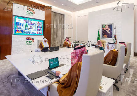 Saudi King Salman bin Abdulaziz gives virtual speech during an opening session of the 15th annual G20 Leaders' Summit in Riyadh