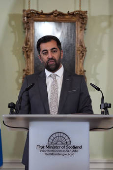 Scotland's First Minister Humza Yousaf speaks during a press conference at Bute House