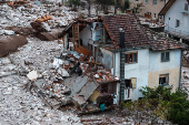 A drone view shows a flooded residential area in Donja Jablanica