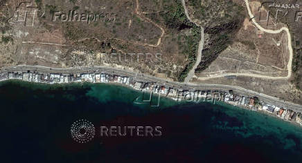 A satellite image shows the Pacific Coast Highway along the Malibu coastline before devastating wildfires