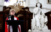 Dame Sally Davies, Master of Trinity speaks during the ceremony to hand back the The Gweagal Spears which were held at at Trinity College Cambridge