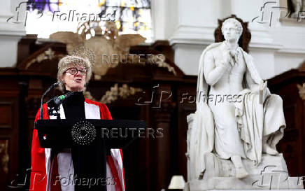 Dame Sally Davies, Master of Trinity speaks during the ceremony to hand back the The Gweagal Spears which were held at at Trinity College Cambridge