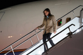 Democratic presidential nominee and U.S. Vice President Kamala Harris steps out of Air Force Two upon her arrival in San Francisc