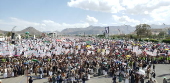 Houthi supporters protest in Sana'a against the US and Israel