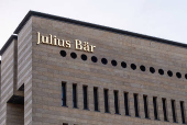 A logo is pictured on Swiss private bank Julius Baer building in Geneva