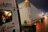 Trucks queue to cross into the United States at Zaragoza-Ysleta border crossing