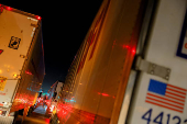 Trucks queue to cross into the United States at Zaragoza-Ysleta border crossing