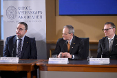 The Nobel laureates in economics, The Sveriges Riksbank Prize in Economic Sciences in Memory of Alfred Nobel 2024, Daron Acemoglu, Simon Johnson and James A. Robinson, sit during a press conference, in Stockholm