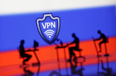 Illustration shows VPN sign and Russian flag