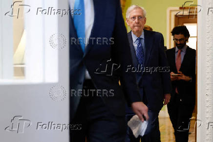 Senate Minority Leader Mitch McConnell speaks during a press conference on Capitol Hill in Washington