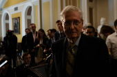 Senate Republicans face reporters after weekly policy luncheon on Capitol Hill in Washington