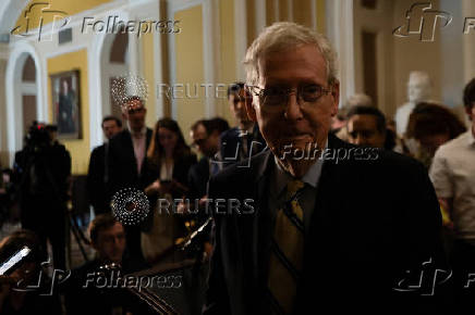 Senate Republicans face reporters after weekly policy luncheon on Capitol Hill in Washington