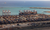 Shipping containers are seen at the port in Barcelona