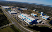 The Blue Origin manufacturing facility is shown in an aerial view at the Kennedy Space Center