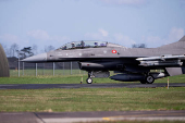 Argentina's Minister of Defence Luis Alfonso Petri arrives in a Danish F-16 aircraft at Skrydstrup Airport where he meets with Denmark's Minister of Defence Troels Lund Poulsen, in Jutland