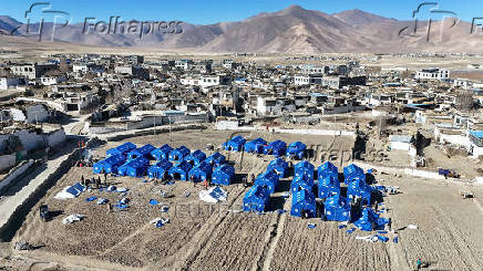 Drone view of makeshift tents following the earthquake in Tibet