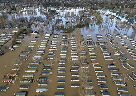 A drone view shows static caravans surrounded by floodwater after the River Nene burst its banks at Billing Aquadrome near Northampton, Britain