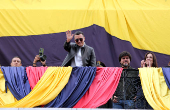 Ecuador's President Daniel Noboa greets supporters of his government, at the Government Palace in Quito