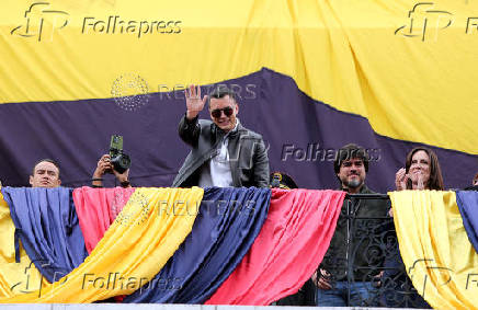 Ecuador's President Daniel Noboa greets supporters of his government, at the Government Palace in Quito