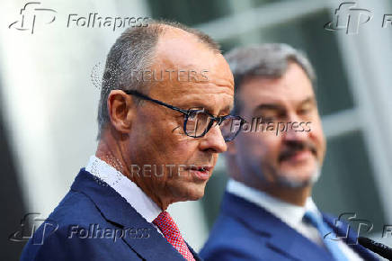 Bavarian State Prime Minister Soeder of the CSU and CDU leader Friedrich Merz hold a press conference, in Berlin