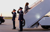 Democratic presidential nominee and U.S. Vice President Kamala Harris leaves after a campaign event in Madison