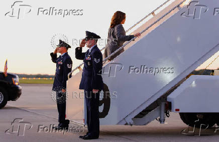 Democratic presidential nominee and U.S. Vice President Kamala Harris leaves after a campaign event in Madison