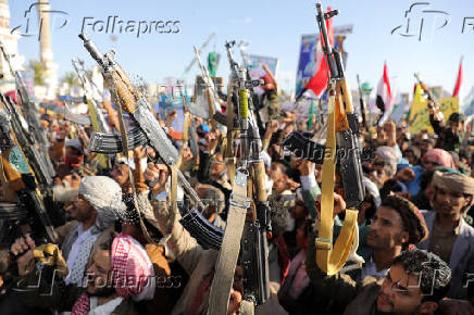 Protesters show support to Lebanon?s Hezbollah and Palestinians in the Gaza Strip, in Sanaa