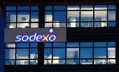 FILE PHOTO: The logo of French food services and facilities management group Sodexo is seen at the company headquarters in Issy-les-Moulineaux near Paris