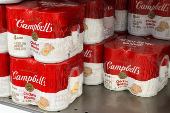 Cans of Campbell's chicken noodle soup line a supermarket shelf in Bellingham