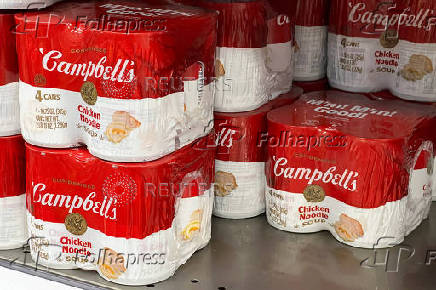 Cans of Campbell's chicken noodle soup line a supermarket shelf in Bellingham