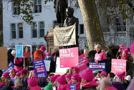 Demonstrations as British lawmakers debate assisted dying law, in London