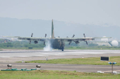 A Taiwan Air Force C-130 aircraft lands at Hsinchu Air Base in Hsinchu