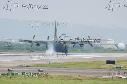 A Taiwan Air Force C-130 aircraft lands at Hsinchu Air Base in Hsinchu